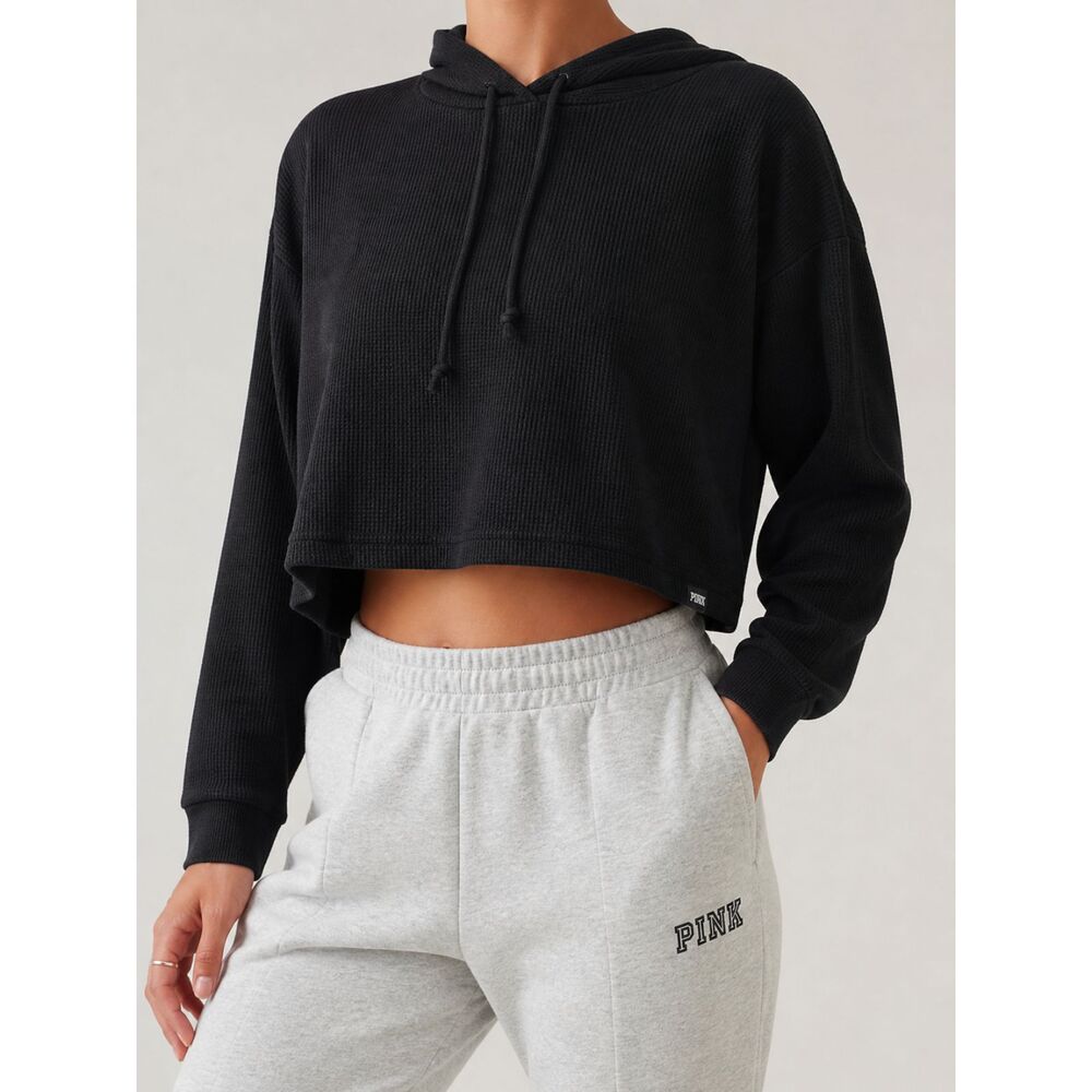 PINK Victoria’s Secret Black Cropped Hoodie Waffle Knit Pullover Small Lounge